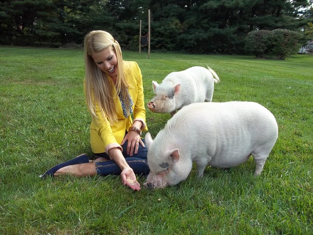 Beth feeds Wilma and Pebbles in their backyard in New Hope, PA, USA.