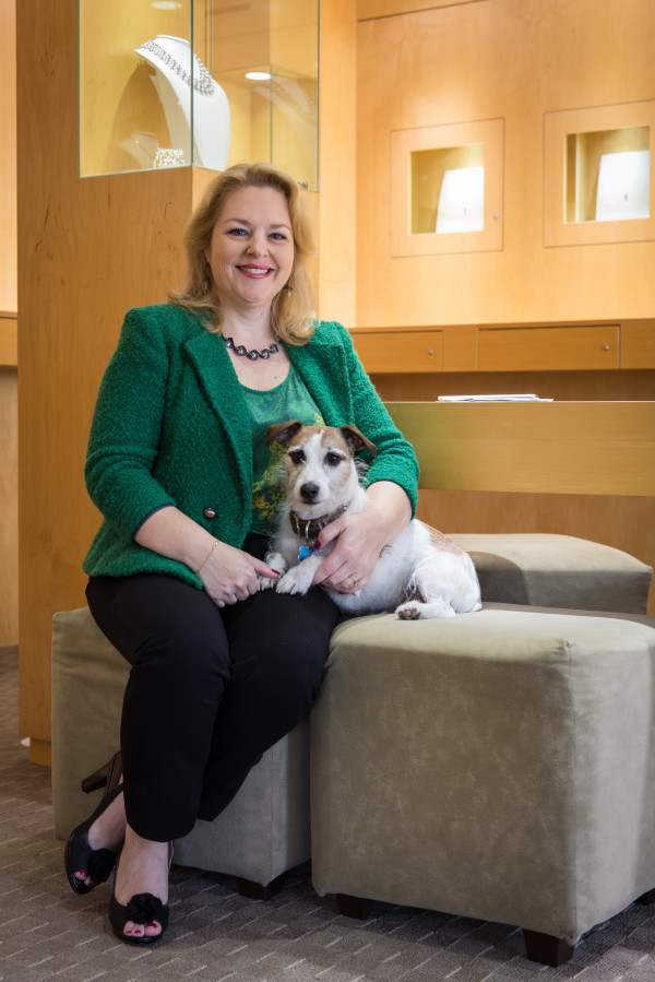 Kristine Quinby poses with her adorable dog in the Oxidized Sterling Silver Wave Necklace