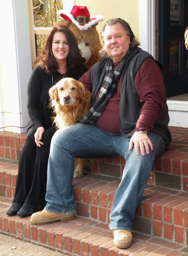 Leslie and Greg Gaultier, with the store's mascot Baxter at Village Toy Shoppe in New Hope