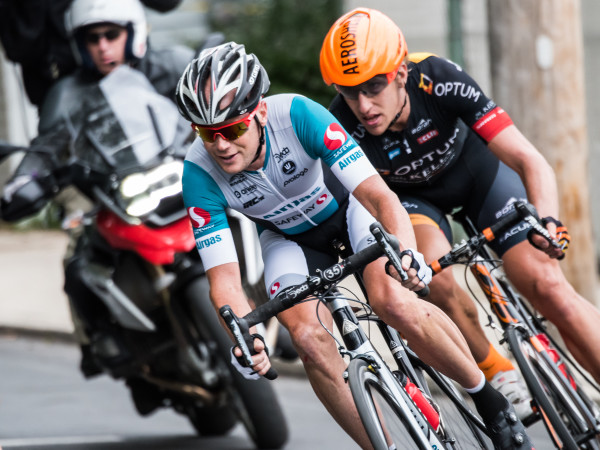 7-time Tour de France racer and Grand Tour champion Chris Horner leads the pack through a tight turn on the Doylestown criterium course