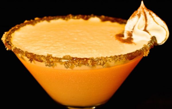 Salted Karamel Vodka, Pumpkin Spice Liqueur, Cinnamon Cream Liqueur, house-made pumpkin pie puree and cinnamon syrup, caramel syrup glaze, brown sugar rim