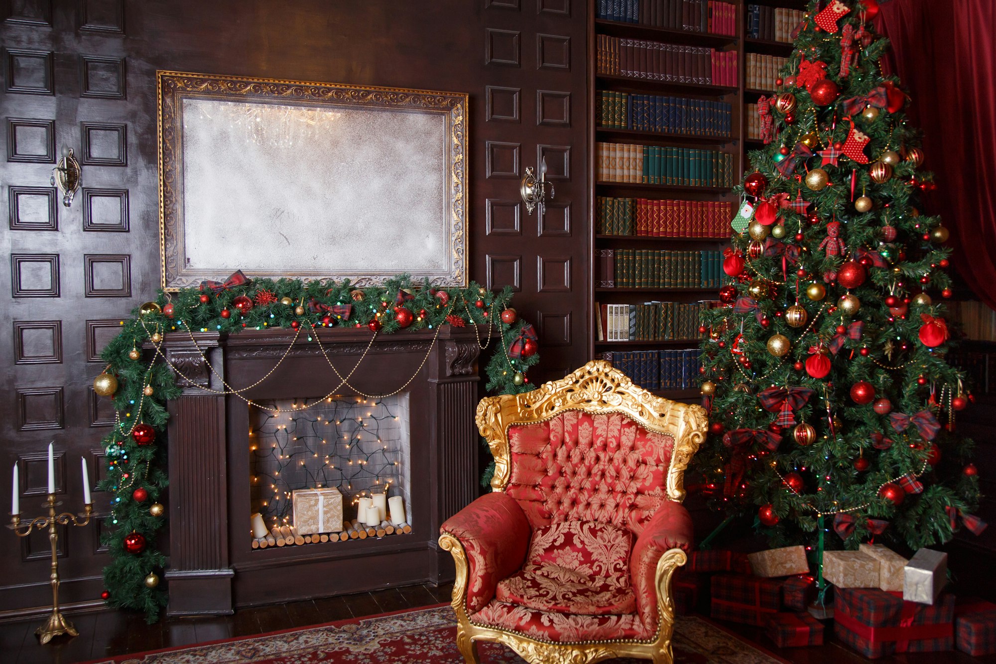 Christmas decor in royal living room with a vintage armchair, fireplace