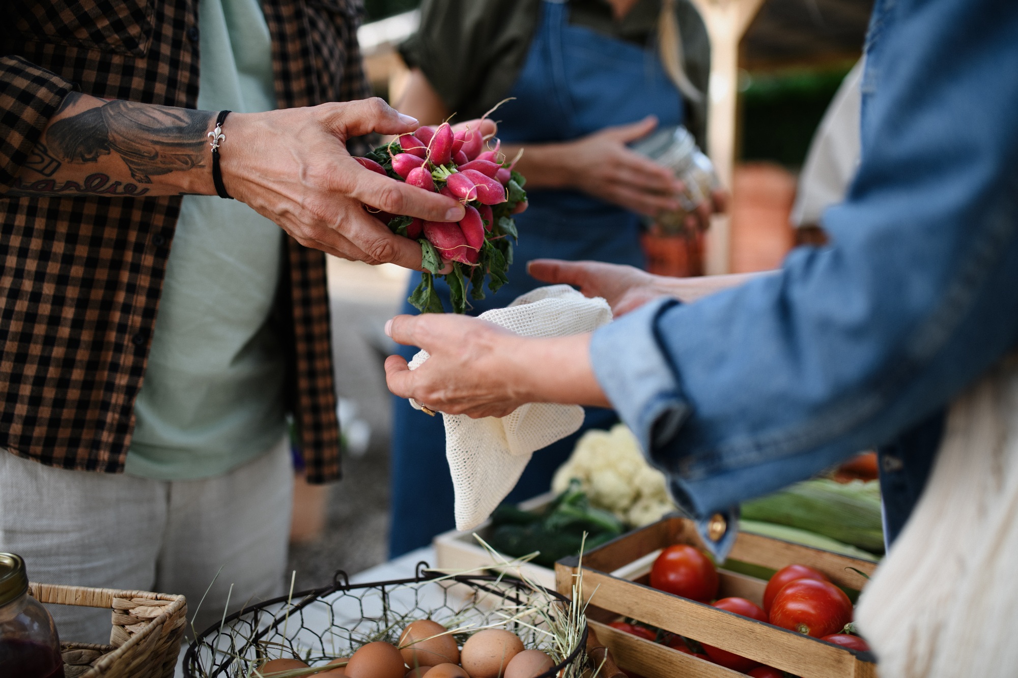 Close up of mans hands buying organic vegetables outdoors at local farmers market Close up of mans hands buying organic vegetables outdoors at local farmers market