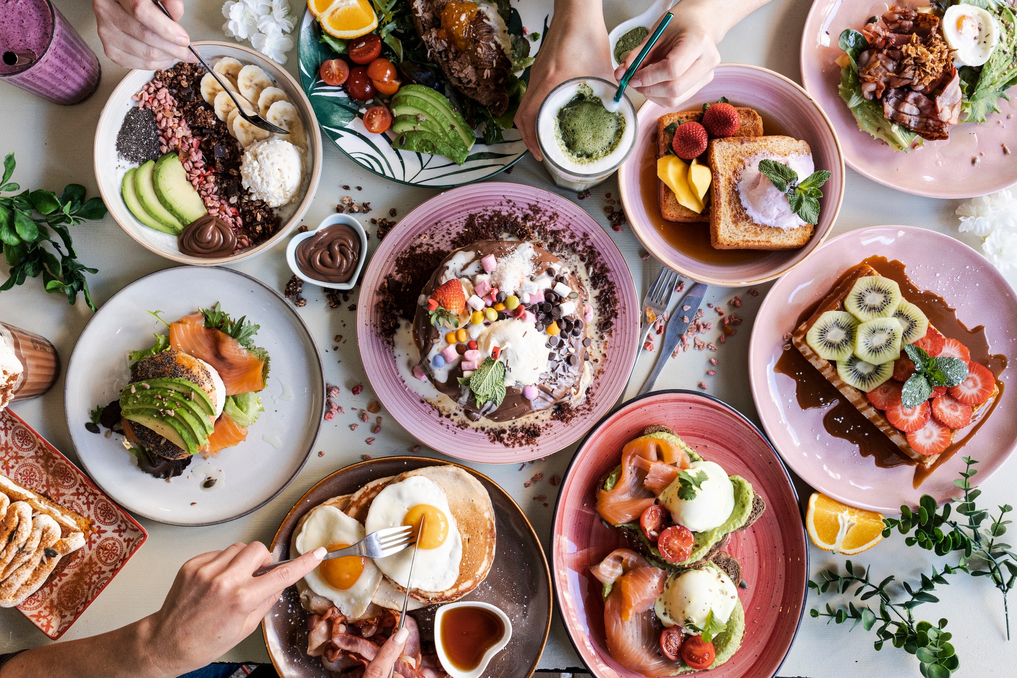 Brunch Choice Crowd Food Concept. Family breakfast or brunch served on a table. Aerial view. Brunch Choice Crowd Food Concept. Family breakfast or brunch served on a table. Aerial view.