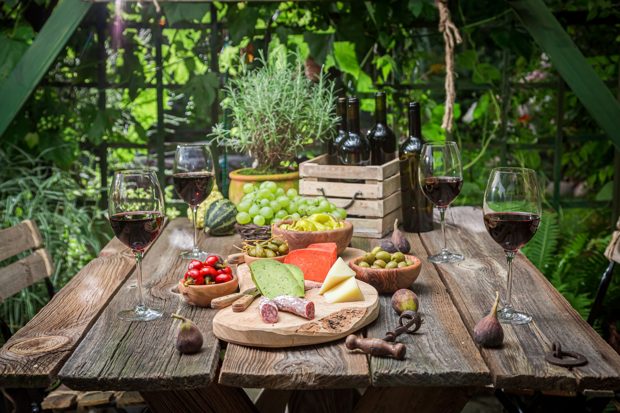 Garden table with cheese and wine Garden summer evening. Garden table with cheese and wine Garden summer evening.