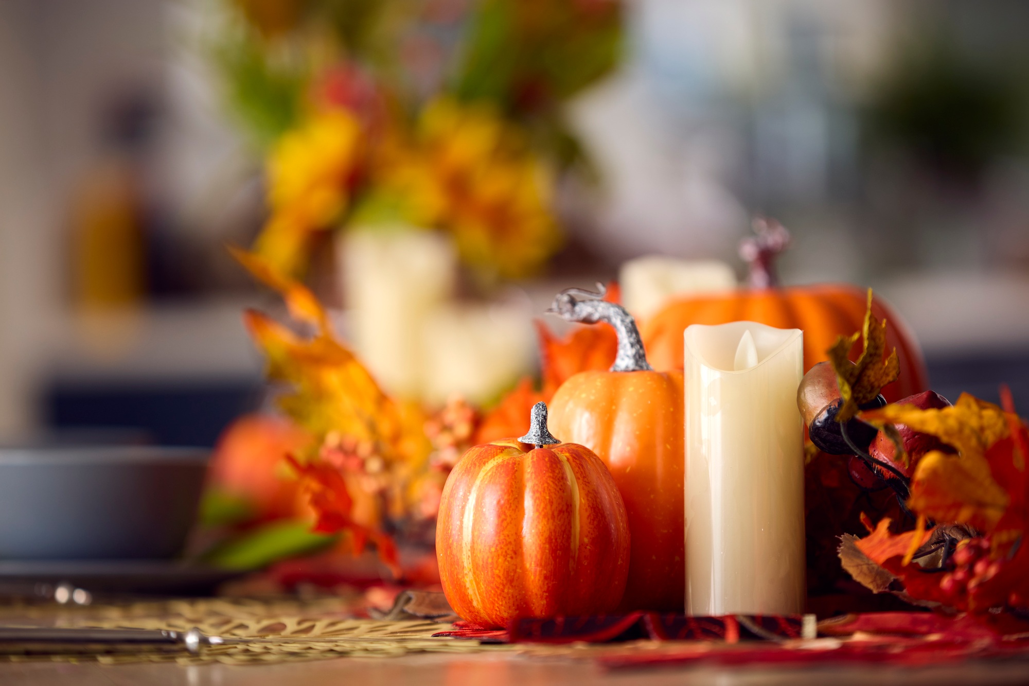 Autumn Or Fall Table Decoration At Home With Pumpkins Candle And Leaves Autumn Or Fall Table Decoration At Home With Pumpkins Candle And Leaves